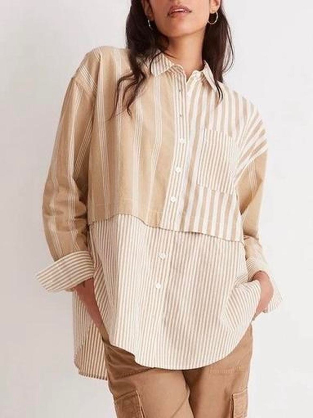 Madewell Tan White Striped Modular Oversized Button-Down Shirt 3761 - Picture 3 of 13